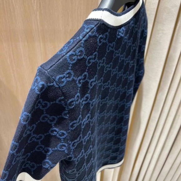 New Gucci 2025 GG Logo Monogram Fine Cotton Jacquard Top in Navy L - Picture 3 of 8